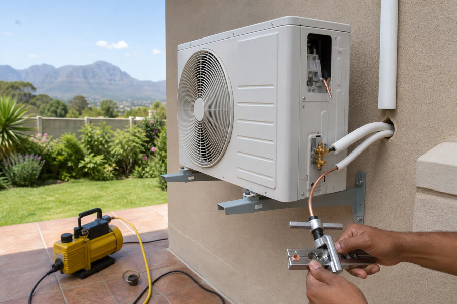 Outdoor condenser being installed: copper flare, wall brackets and a vacuum pump on the patio